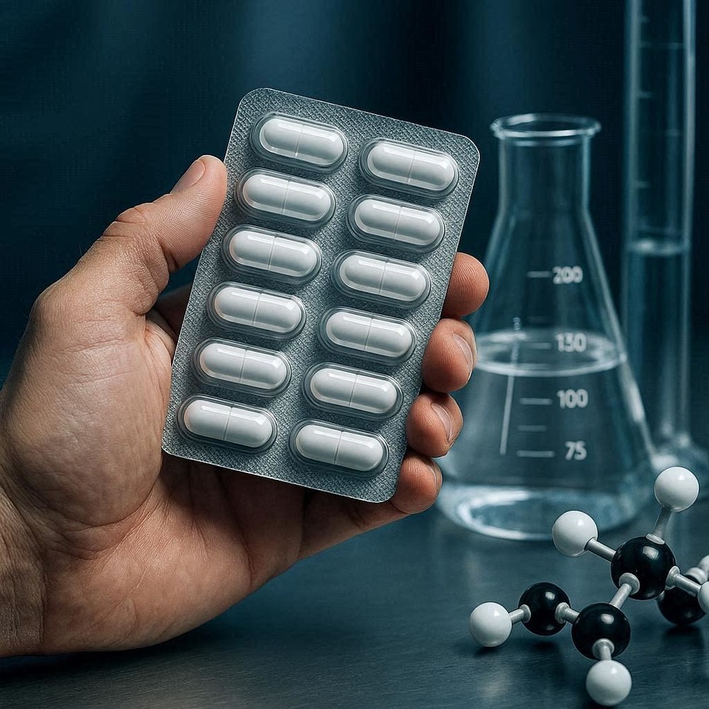 Hombre sosteniendo la caja de Adenofrin al aire libre